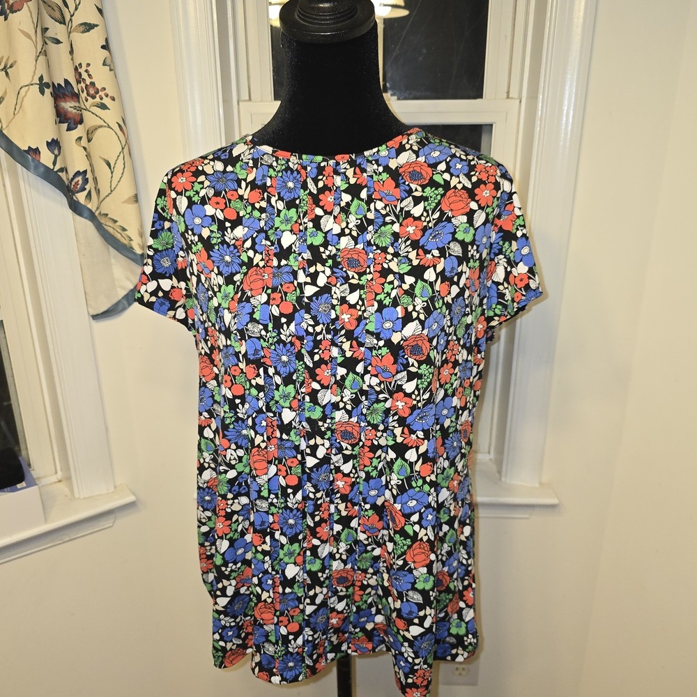 Liz Claiborne Women‎ XL Floral Print Short Sleeve Keyhole Back Top Blouse